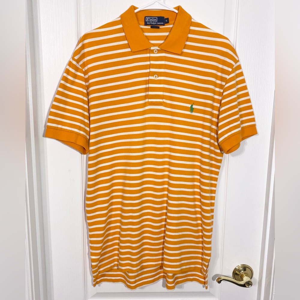 Y2K Polo Ralph Lauren Striped Polo Shirt Orange White Men’s Medium